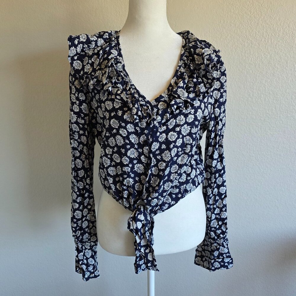 GUESS Georges Marciano Crop Floral Blouse Ruffle Long Sleeve Tie Hem Size S Vtg